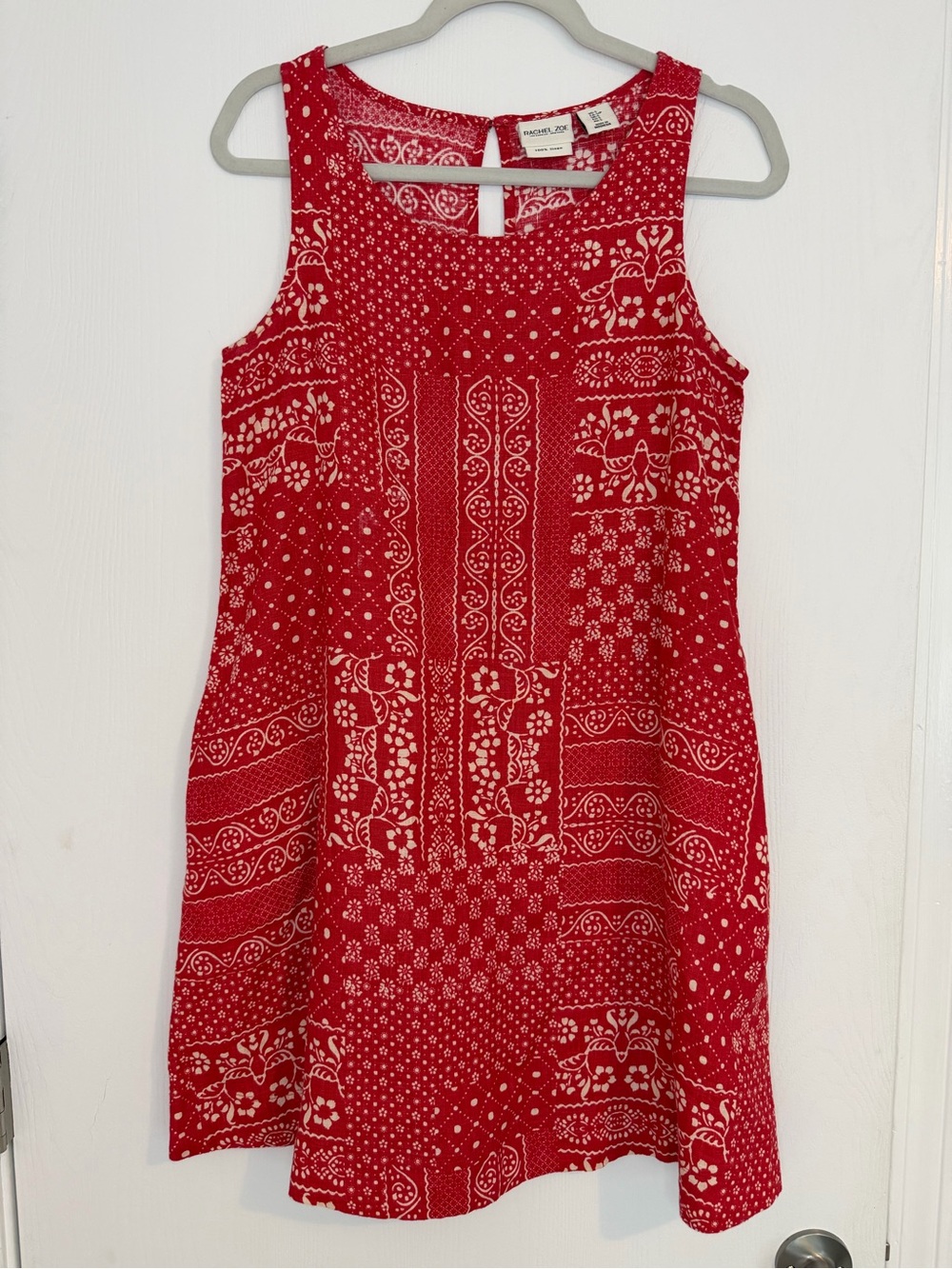 Rachel Zoe Red Bandana Print 100% Linen Sleeveless Mini Shift Dress, Sz M